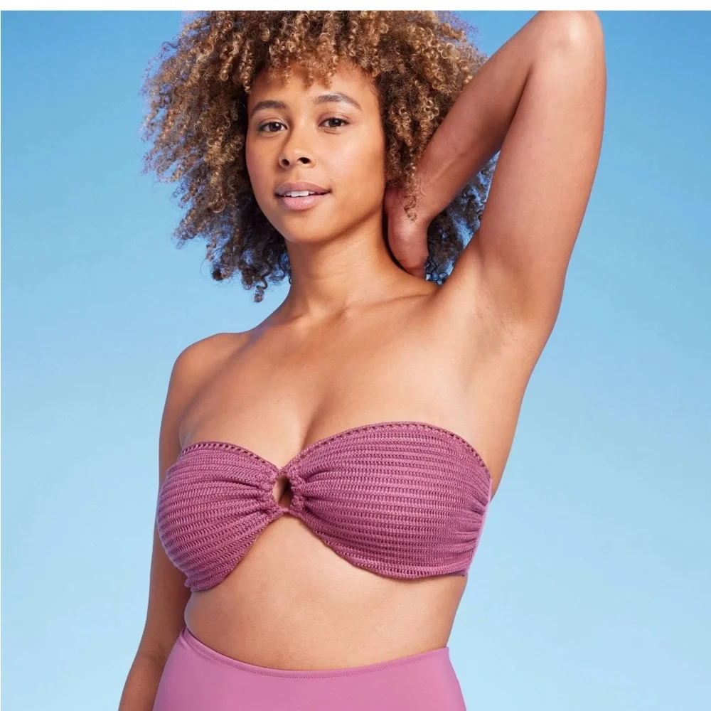 Shade & Shore Mauve crochet bando bikini with straps optional size 34 B